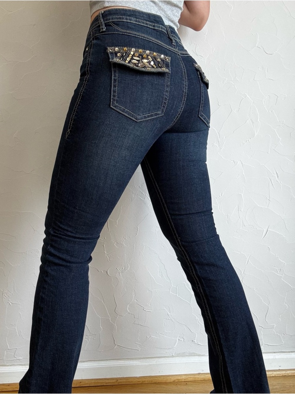 Cache Embellished Dark Wash Jeans Size 8 (Fits 6) Y2K Bootcut Low Rise Bedazzled